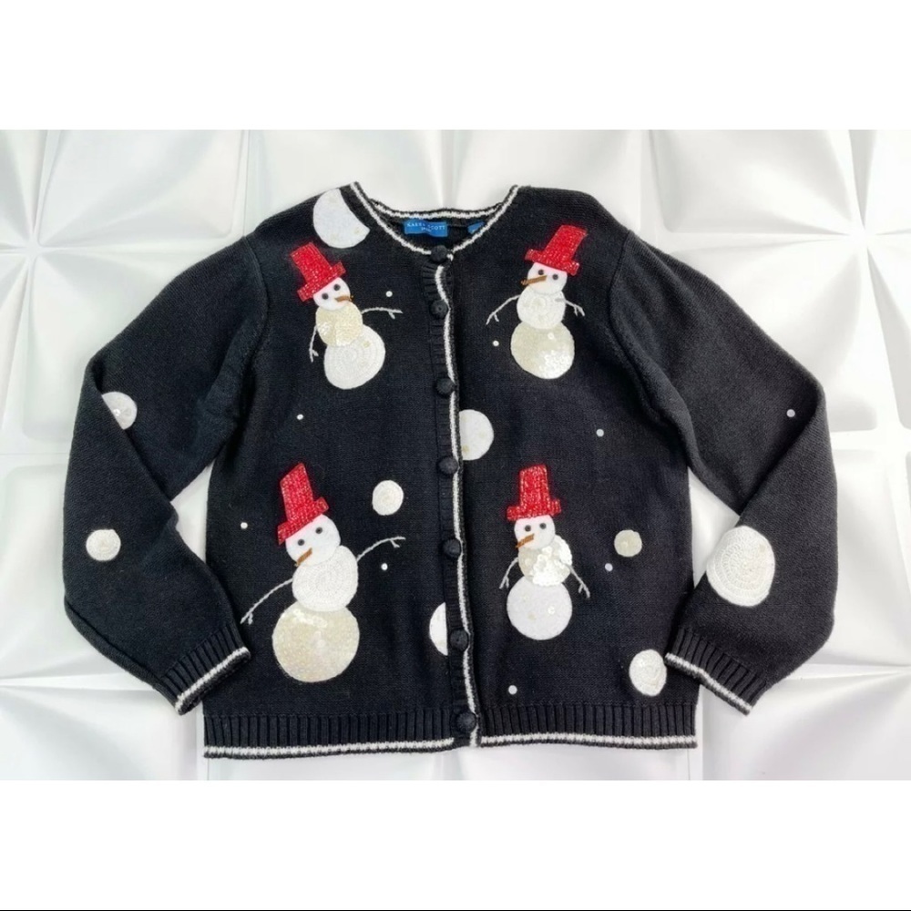 Karen Scott Sport Womens Sz L Black Snowman Christmas Cardigan Sweater Black Red